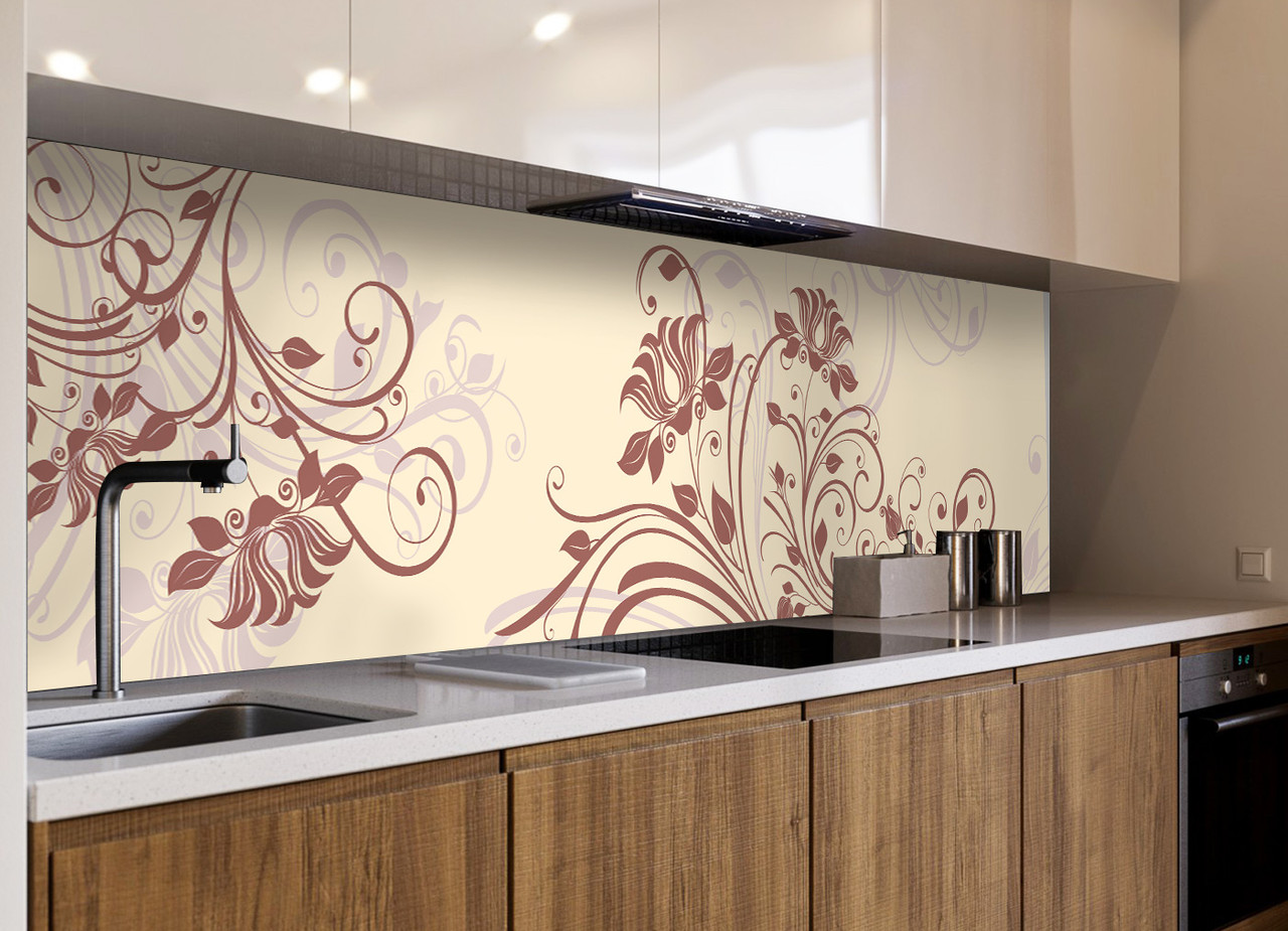 Кухонний фартух вініловий Абстрактні завитки рослинний ПВХ наклейка плівка для кухні бежевий 600*2000 мм, фото 1