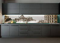 Кухонный фартук Ретро фото города виниловый (ПВХ наклейка пленка скинали для кухни) бежевый 60х200 см