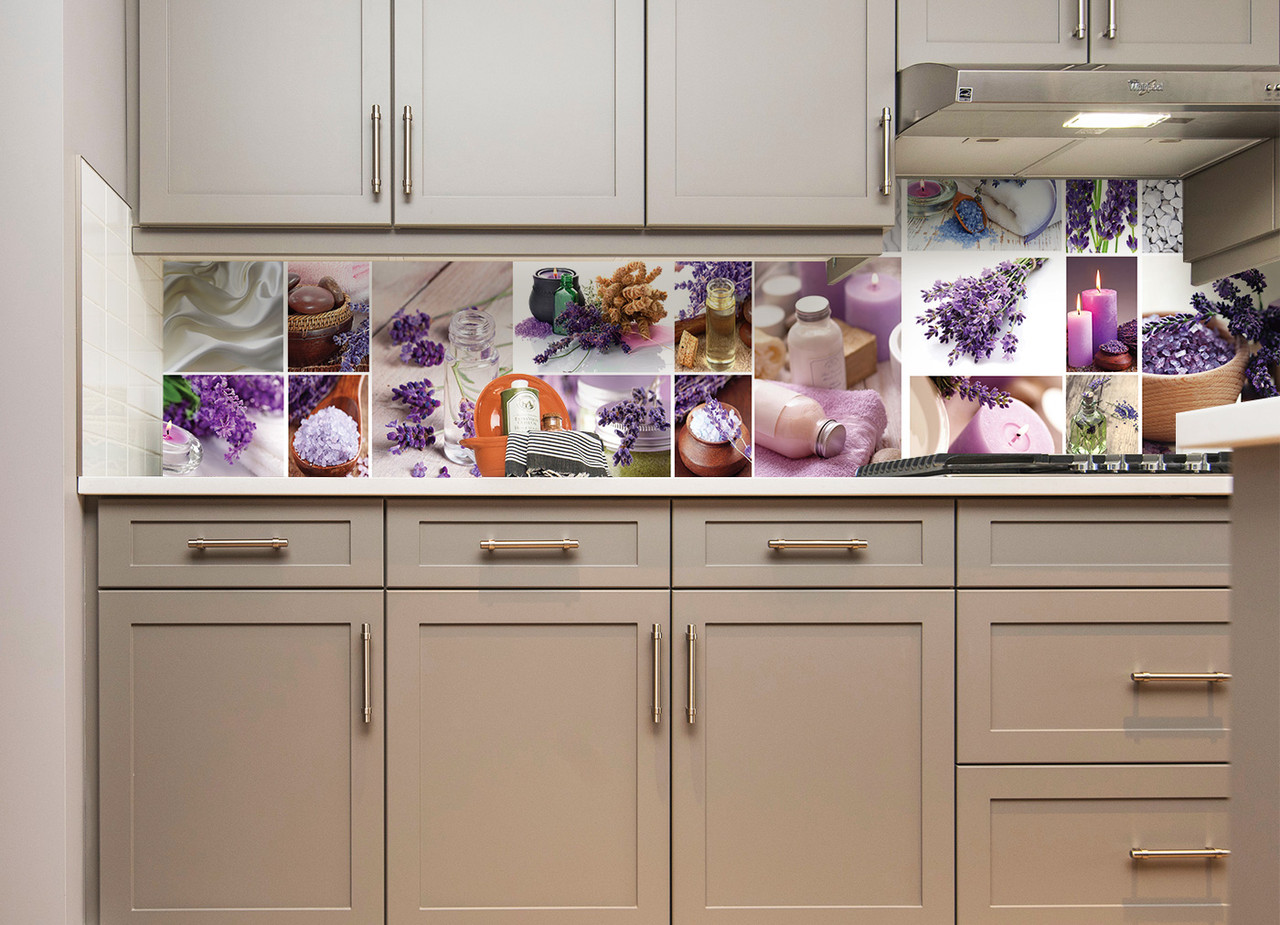 Кухонний фартух Лаванда Мозаїка вініловий ПВХ наклейка плівка скіналі для кухні фіолетовий 600*2500 мм