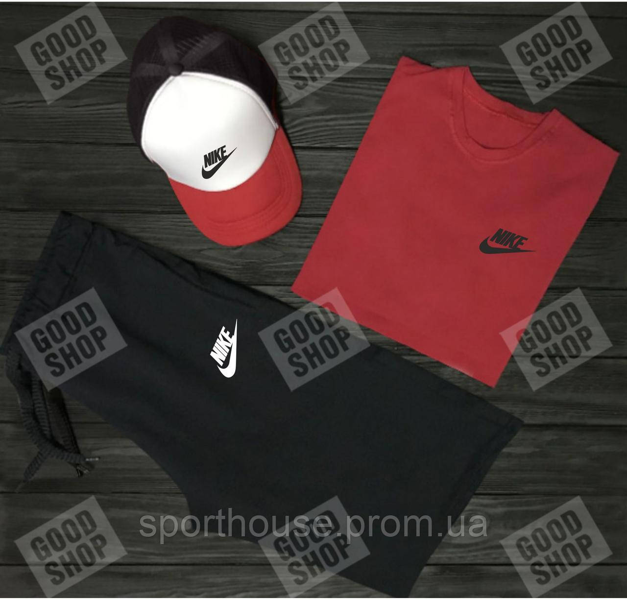 Чоловічий костюм трійка кепка футболка і шорти Найк (Nike), літній чоловічий костюм, S