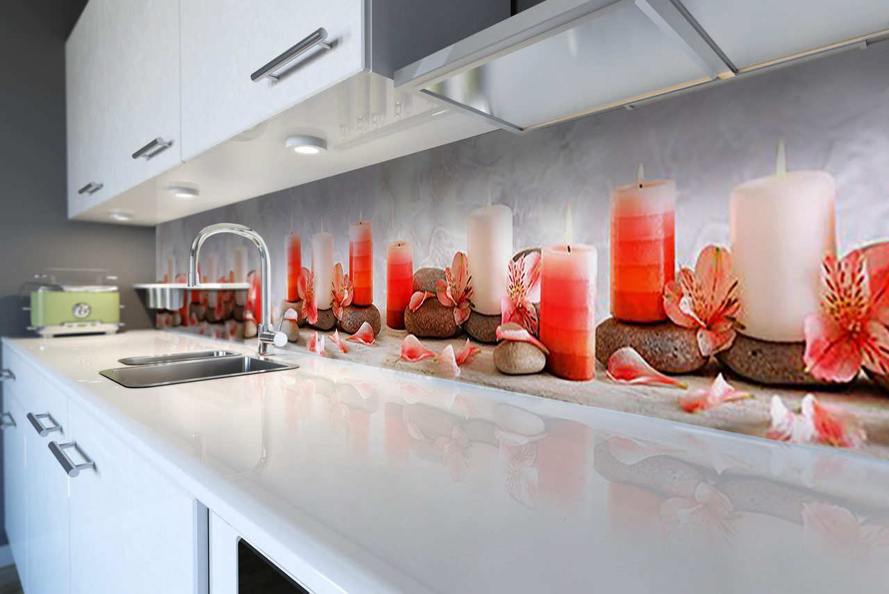 Кухонний фартух самоклеючий Ніжні свічки і квіти (скіналі для кухні наклейка ПВХ) релакс червоний 60х200 см