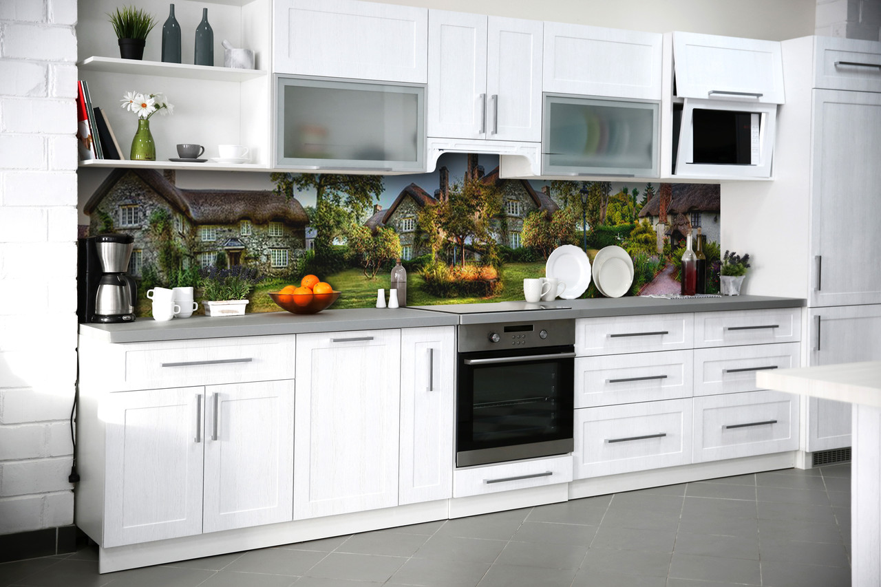 Кухонний фартух самоклеючий Казковий будиночок 02 (скіналі для кухні наклейка ПВХ) зелений 60х200 см