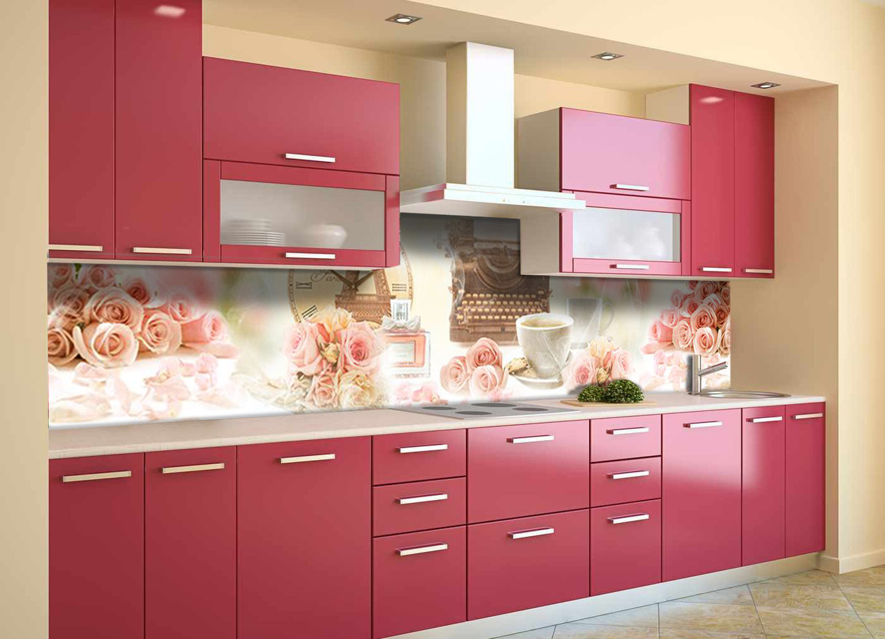 Кухонний фартух самоклеючий Час 02 (скіналі для кухні наклейка ПВХ) троянди ретро пічна машинка 60х200 см