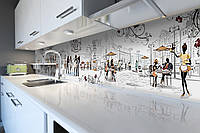 Кухонный фартук самоклеющийся Париж Силуэты (скинали для кухни наклейка ПВХ) люди рисованный улица 600*2500 мм