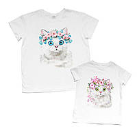 Комплект футболок мама+дочка - Котики в веночках