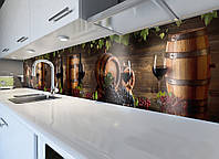 Кухонный фартук Виноград и Винные бочки (наклейка виниловая скинали для кухни пленка) деревянный 600*3000 мм