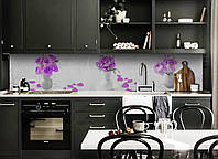 Кухонный фартук самоклеющийся Лепестки Роз (скинали для кухни наклейка ПВХ) фиолетовые цветы букет 650*2500 мм