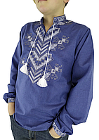 Домотканая рубашка вышиванка для мальчика Синяя подросток 140 - 176