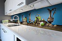 Кухонный фартук самоклеющийся Стальные Кувшины скинали для кухни наклейка ПВХ натюрморт голубой 650*2500 мм