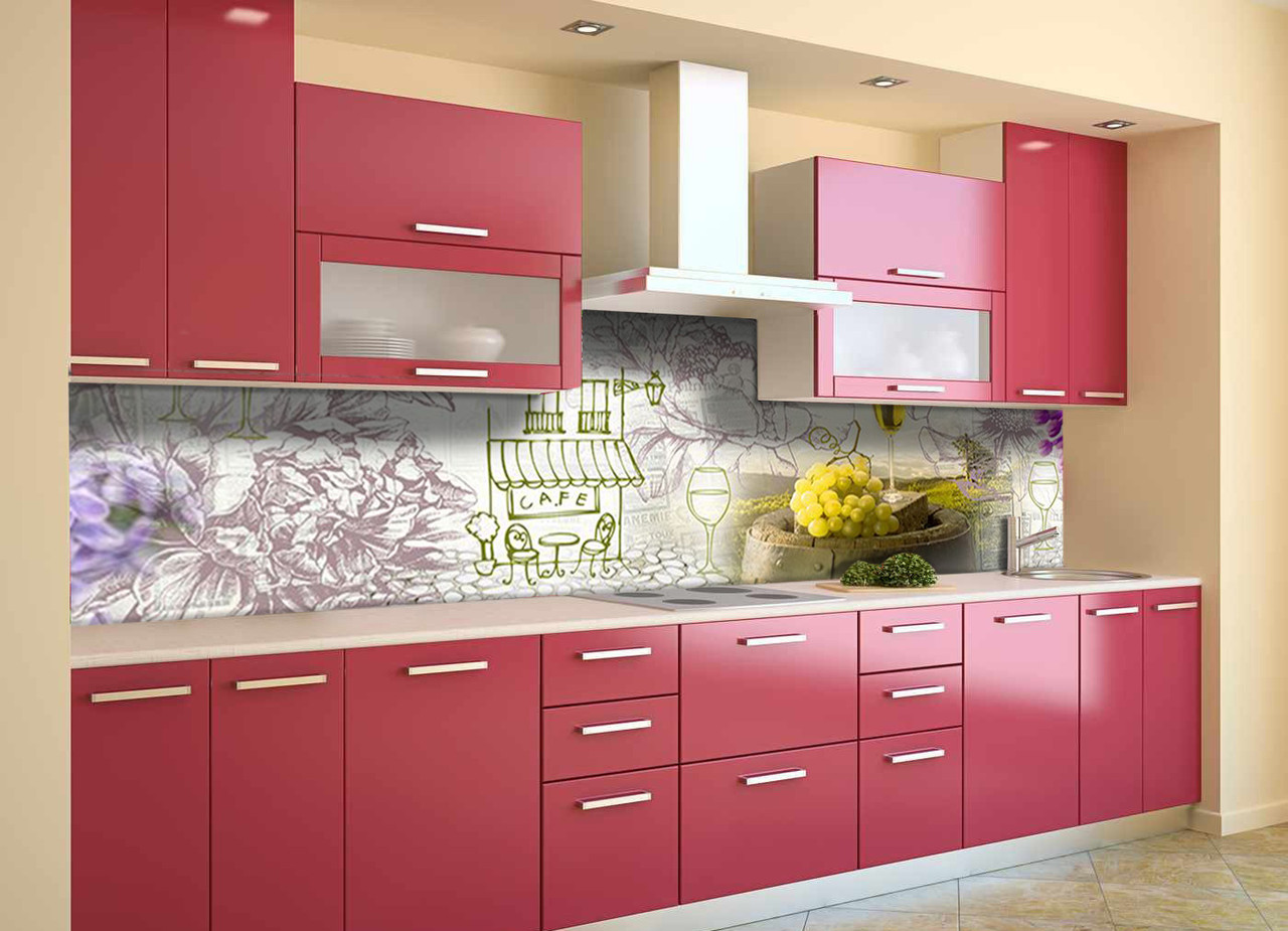 Кухонний фартух самоклеючий Вино та Париж 02 скіналі кухні наклейка ПВХ Ейфелева вежа бузок 600*2000 мм, фото 1