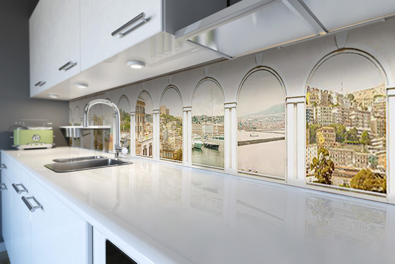 Кухонний фартух самоклеючий Білі арки Місто скіналі для кухні наклейка ПВХ античність бежевий 600*2000 мм