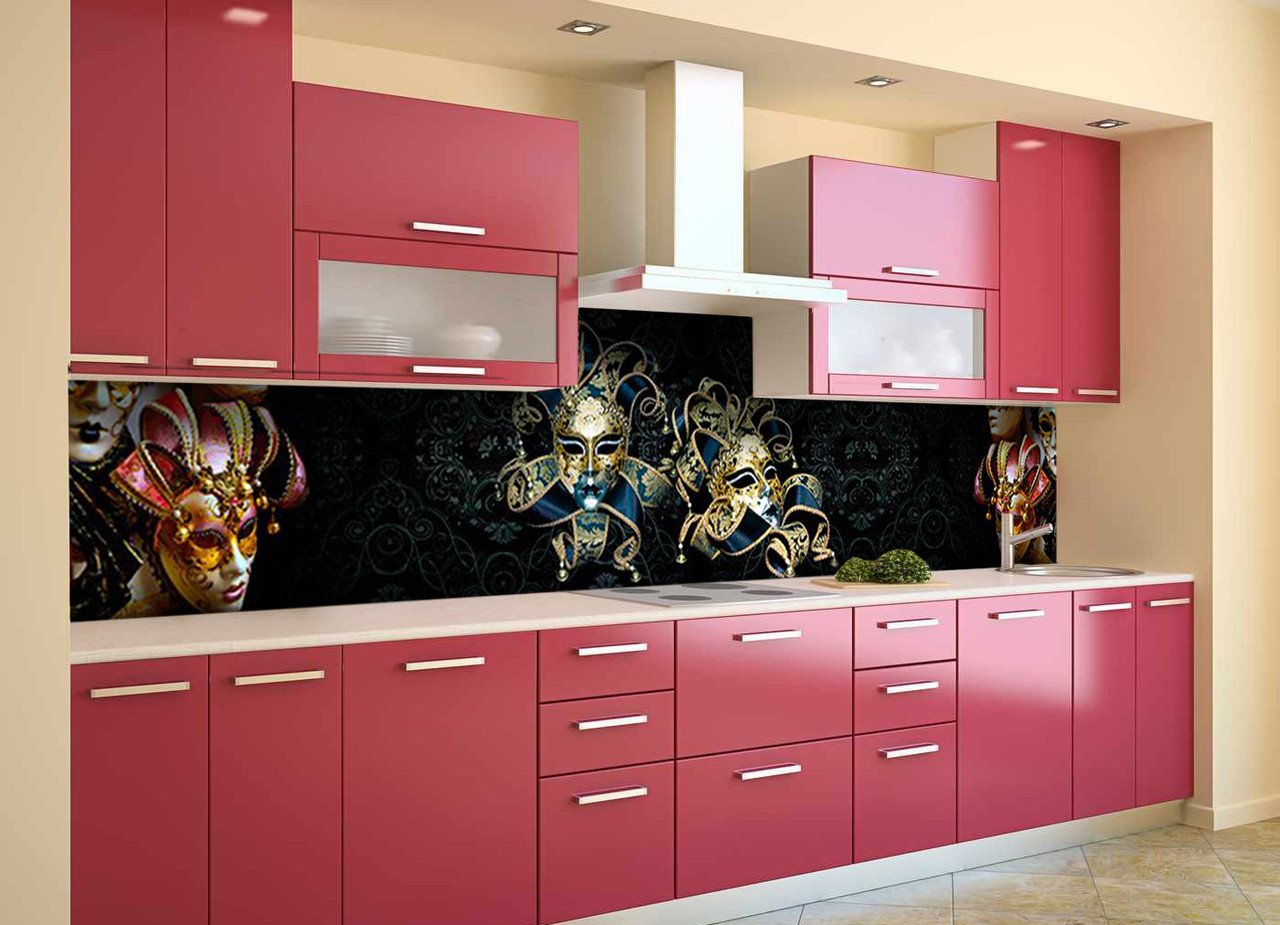 Кухонний фартух самоклеючий Венеціанські маски Карнавал скіналі для кухні наклейка ПВХ чорний 600*2000 мм, фото 1