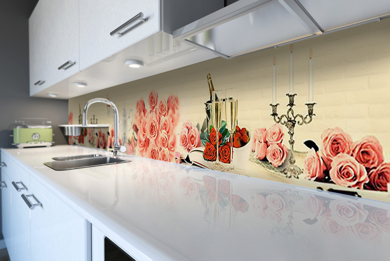 Кухонний фартух самоклеючий Рожеві Троянди (скіналі для кухні наклейка ПВХ) колаж бежевий 60х200 см, фото 1