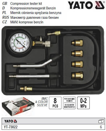 Набор компрессометр YATO Польша бензиновых двигателей 0-2 МПа 8