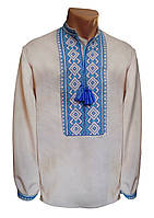 Льняная Рубашка Вышиванка для мальчика голубая вышивка р.92-140