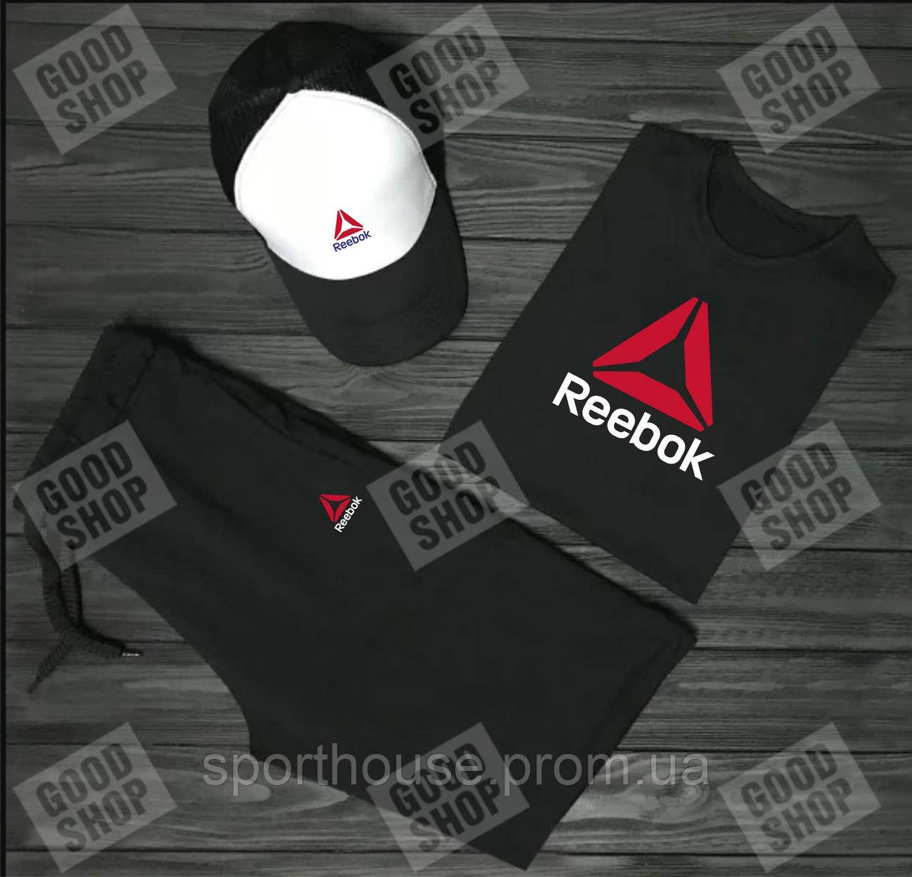 Чоловічий костюм трійка кепка футболка і шорти Рібок (Reebok), літній чоловічий костюм, S