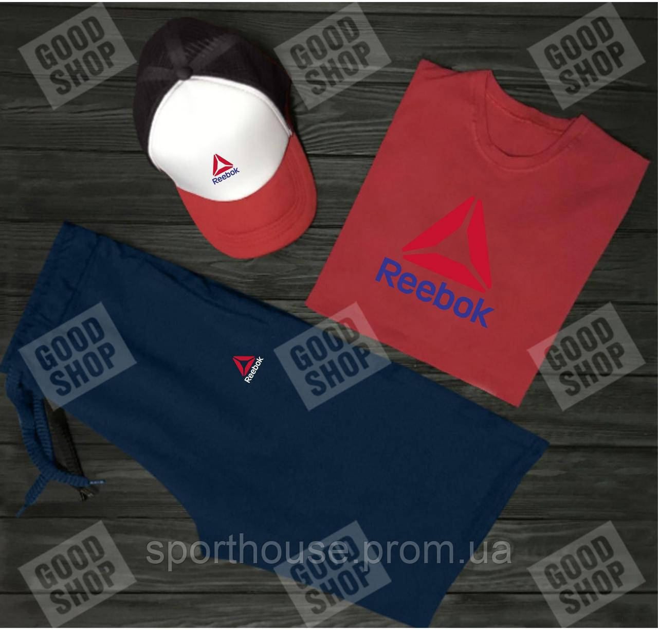 Чоловічий костюм трійка кепка футболка і шорти Рібок (Reebok), літній чоловічий костюм, S