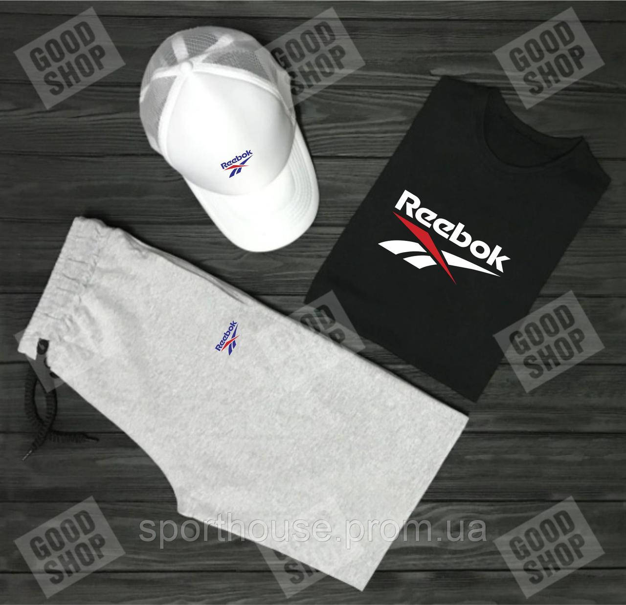 Чоловічий костюм трійка кепка футболка і шорти Рібок (Reebok), літній чоловічий костюм, S