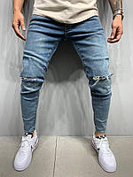 Синие рваные джинсы мужские, модные зауженные джинсы, молодежные турецкие в обтяжку джинсы(весна, осень)