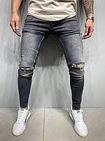 Джинсы мужские серые, зауженные рваные джинсы турецкие, с дырками осенние и весенние(slim, весна, осень)