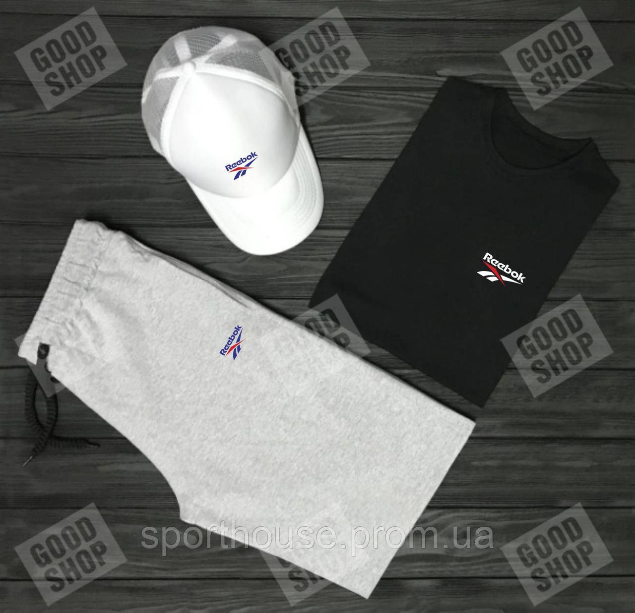 Чоловічий костюм трійка кепка футболка і шорти Рібок (Reebok), літній чоловічий костюм, S