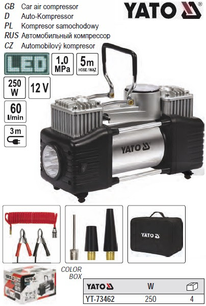 Компресор автомобільний YATO: 12 В, 250 Вт, тиск - 1 МПа, 60л/хв, шланг - 5м, кабель 3 м + ліхтар LED