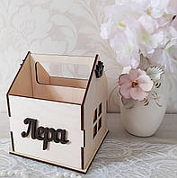 Именная деревянная коробочка, подставка для ручек и карандашей