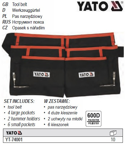 Пояс для инструмента YATO 4 кишені 2 петлі YT-74001