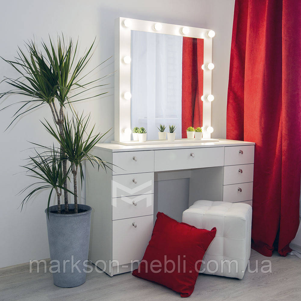 Гримерный столик на дві тумби з дзеркалом з рамою в БІЛОМУ кольорі М622