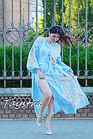 Голубое платье лен, вышитое платье длинное, индивидуальный пошив вышиванка платье в пол