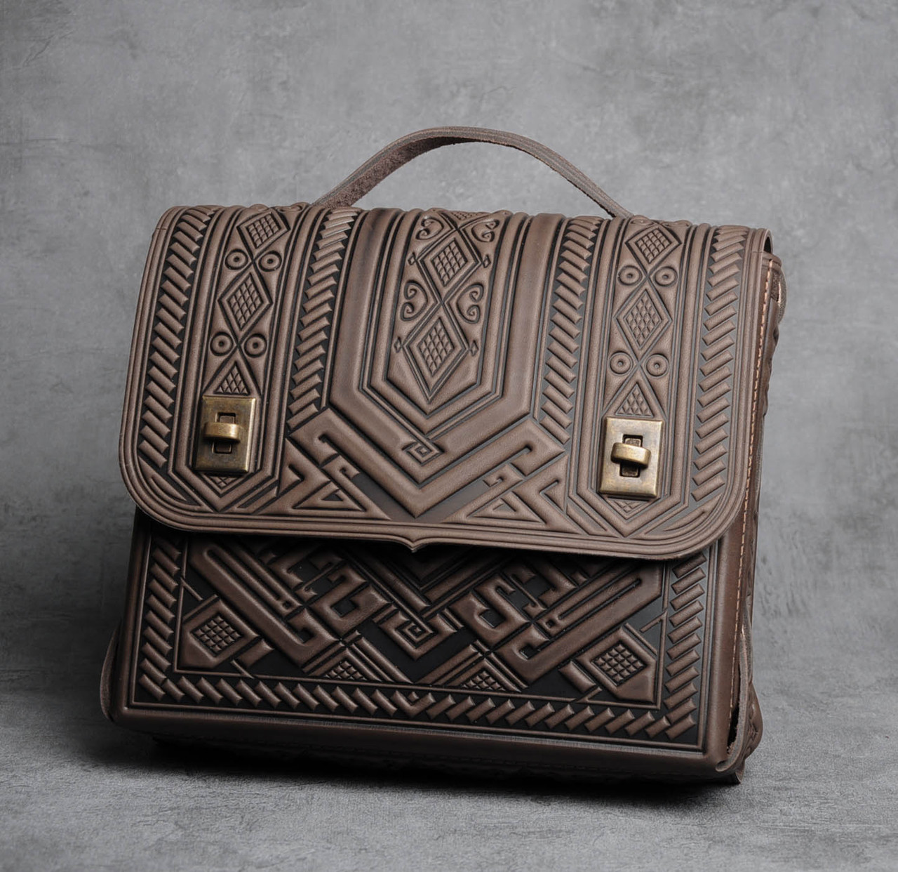 Шкіряна коричнева сумка‑портфель "Проект" ручної роботи, 26×23×8 см, фото 1