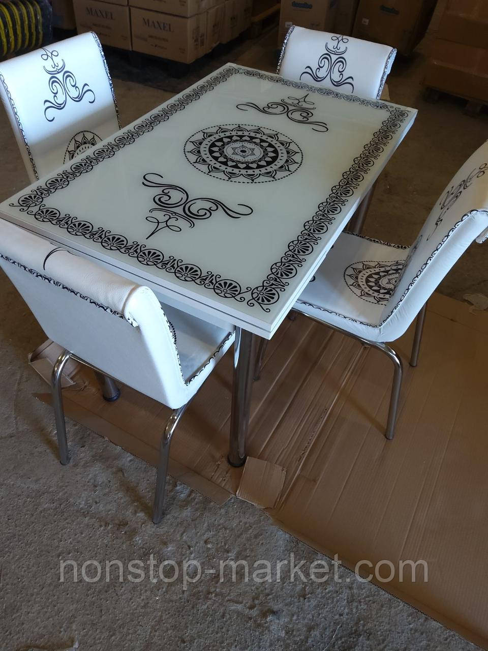 Раскладной стол обеденный кухонный комплект стол и стулья 3D рисунок 3д "Вензель" ДСП стекло 70*110 Mobilgen - фото 5 - id-p1224818207