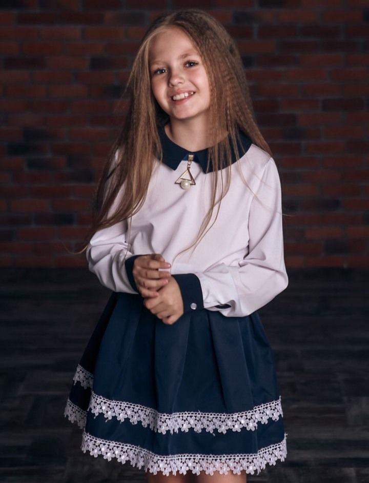 Блузка шкільна з довгим рукавом, синій воротник і манжены, софт, LARSY, фото 1