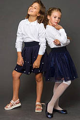 Блузка шкільна з довгим рукавом для дівчинки, круглий комір з перлами, оптом ПАР/7 шт., (р.122-158), LARSY