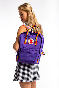 Рюкзак стильний канкен Fjallraven Kanken Rainbow 16 л фіолетовий з різнобарвними (веселковими) ручками