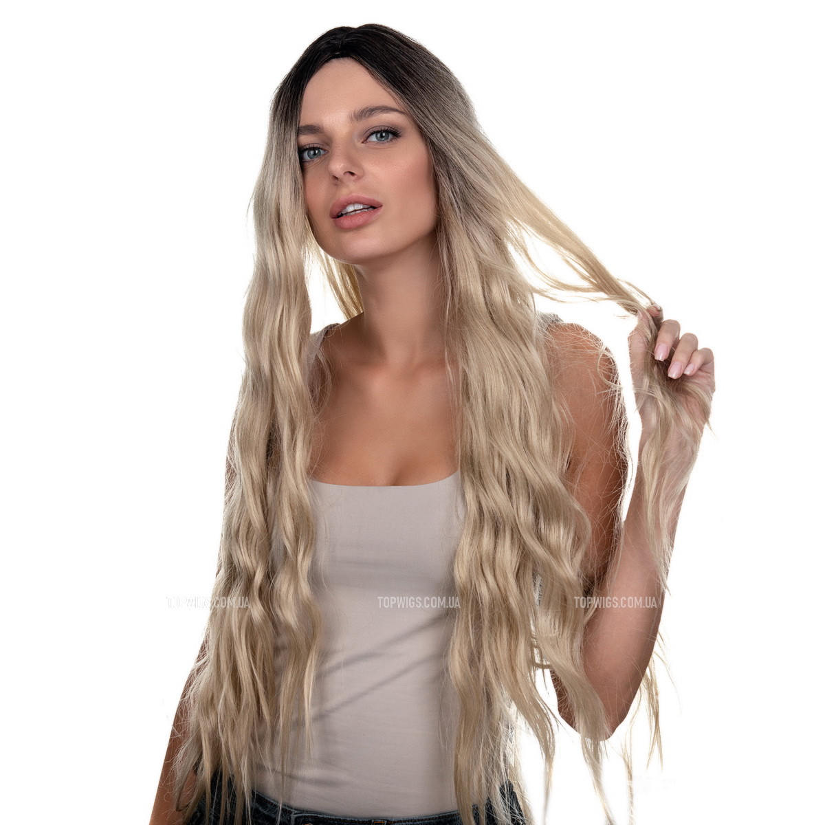 Довга перука на сітці з штучного волосся Joyce Full Lace без чубчика, термоволосы, колір блондин
