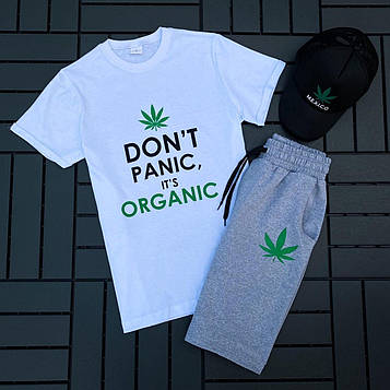 Чоловічий комплект Don't Panic it's Organic — сірі шорти та біла футболка + кіпка / Літні комплекти для чоловіків