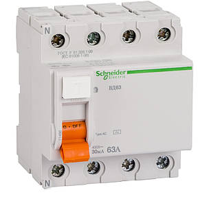 Диференціальний вимикач (ПЗВ) Schneider Electric Домовий ВД63, 4P 63А 30 мА, 11466, фото 1