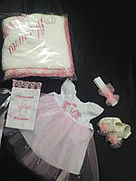Дитячий хрестинний набір "Мілана" плаття з вишивкою для хрещення + пов'язка + крижма + пінетки + подарунок