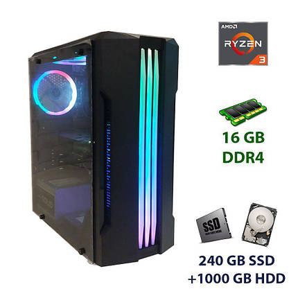 Midi-Tower/AMD Ryzen 3 3200G (4 ядра по 3.6 — 4.0 GHz) / 16 GB DDR4 / 240 GB SSD+1000 GB HDD / AMD Sapphire, фото 1
