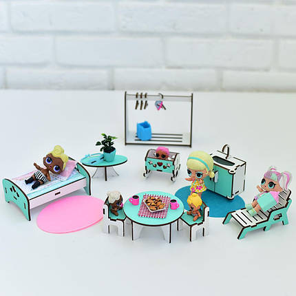 Ляльковий будиночок NestWood Великий особняк для ляльок ЛОЛ/Барбі М'ятний + Подарунок меблі 9 одиниць, фото 2