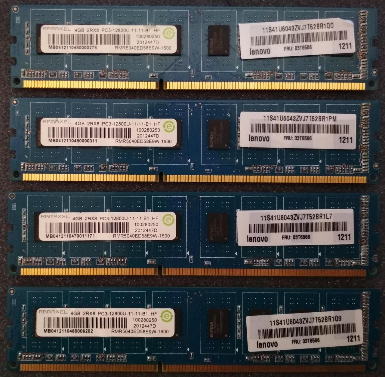 16 GB 4*4GB DDR3 1600MHz Ramaxel PC3 12800U 2Rx8 RAM Оперативна пам'ять