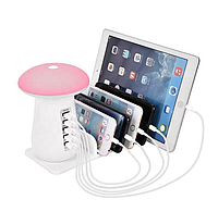 Сетевое зарядное устройство USB 5 port гриб ночник LED UI984312 Белый с розовым