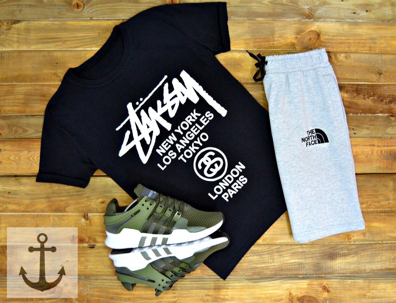 Чоловічий комплект — чорна футболка Stussy та сірі шорти TNF/ Літні комплекти для чоловіків