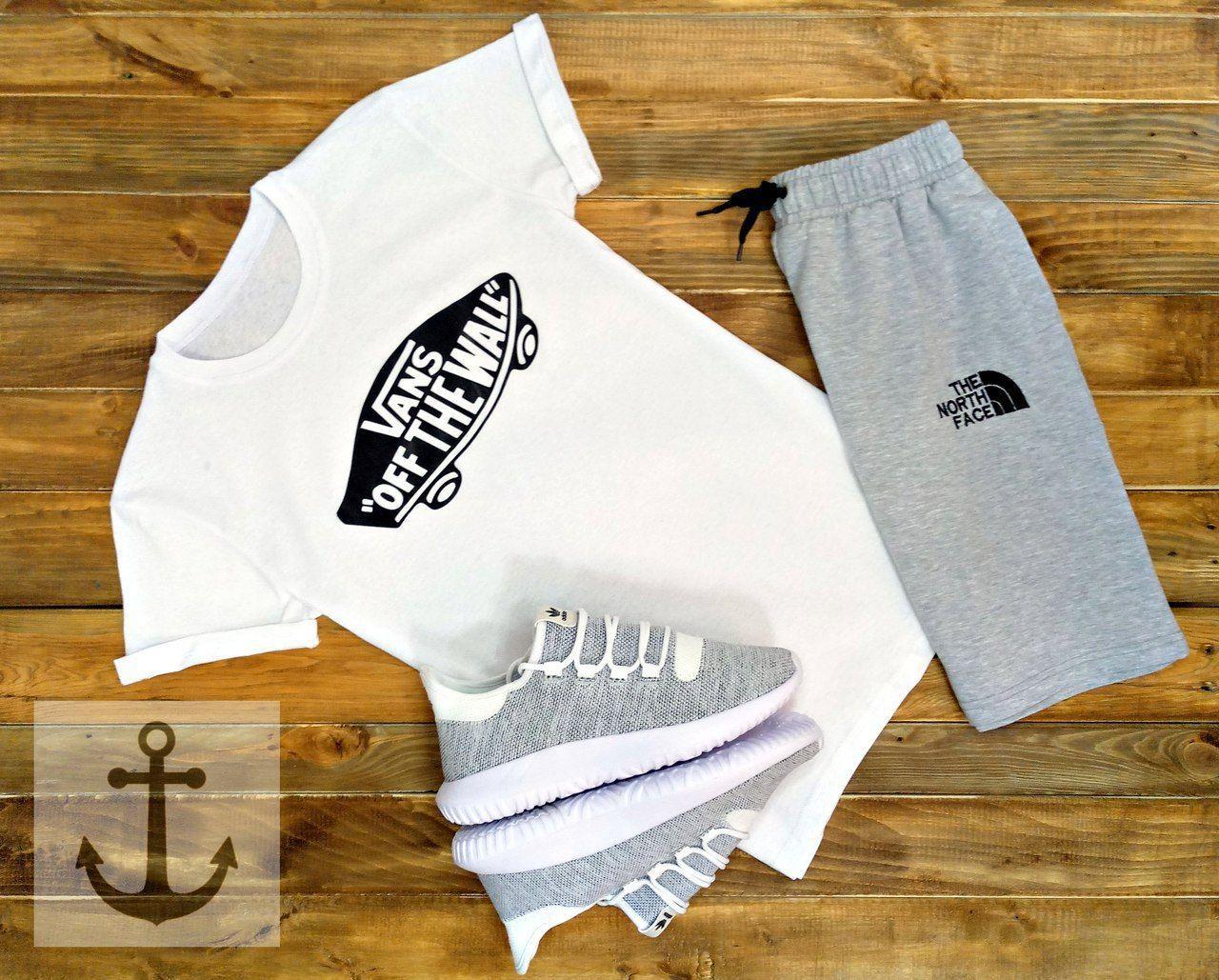 Чоловічий комплект — біла футболка Vans і сірі шорти TNF/ Літні комплекти для чоловіків