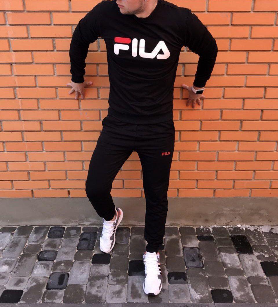 Чоловічий чорний спортивний костюм — світшот і штани Філа (Fila)/Весна-осінь