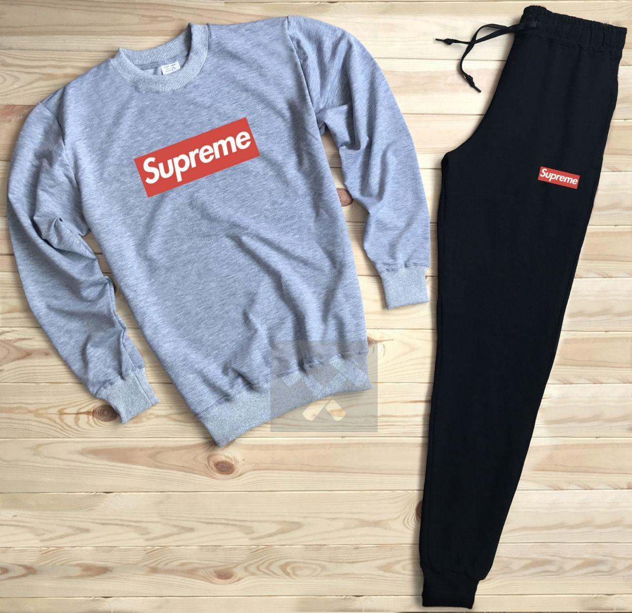 Чоловічий спортивний костюм — сірий світшот і чорні штани Суприм (Supreme)/Весна-осінь