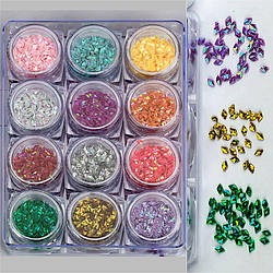 Набір декору для манікюру Christian мерехтливі кристали 12 кольорів в упаковці