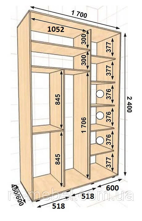 Шафа-купе 1700*450*2400, 2 двері (Алекса)