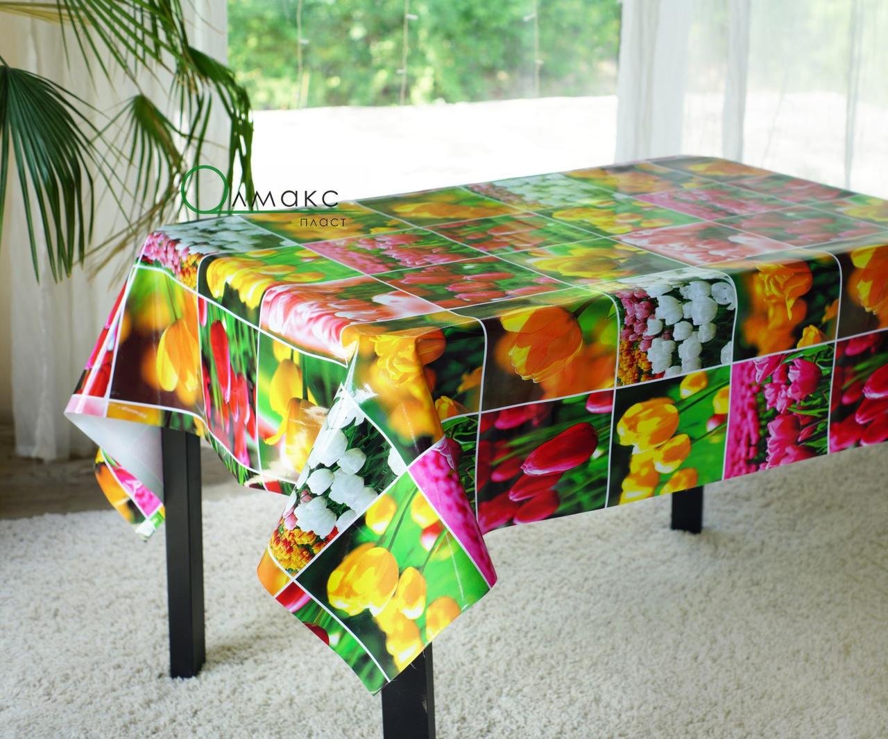 Клейонка на стіл ламінована на тканинній основі з малюнком Різнокольорові тюльпани в їдальню, кафе та для